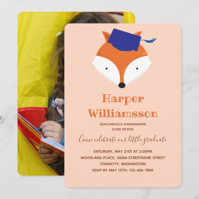 Fox Orange Photo Kindergarten Graduation Invitation (Front/Back)