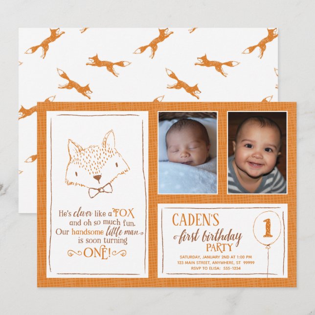 Fox Orange White 1st Birthday Photo Invitation (Front/Back)