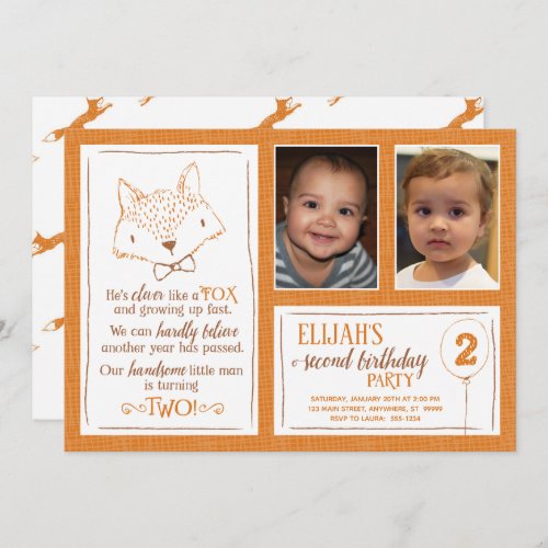 Fox Orange White 2nd Birthday Photo Invitation