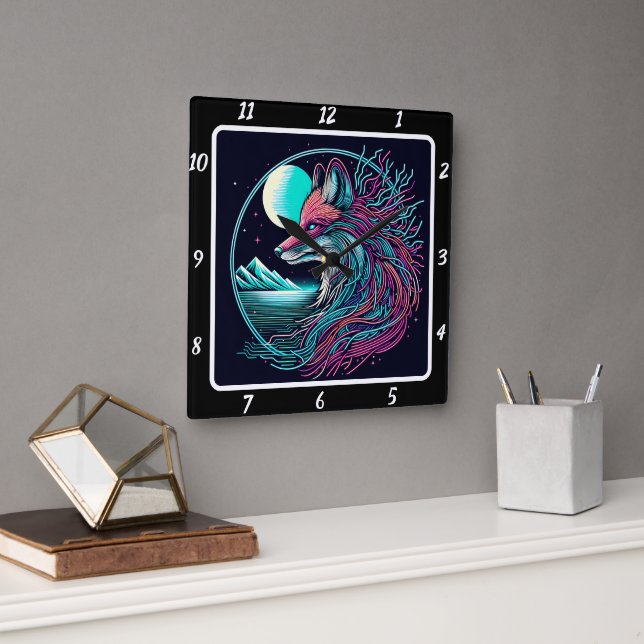 Fox Overlooking Twilight Peaks Square Wall Clock (Office)