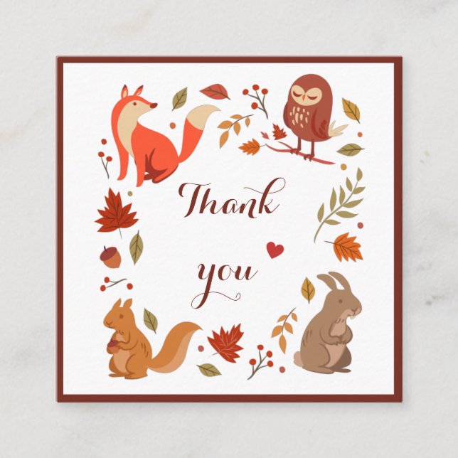 Fox Owl Squirrel & Rabbit Thanksgiving Thank You Square Business Card (Front)