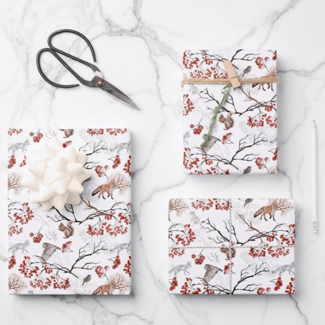 fox - owl - squirrel - tree branches wrapping paper sheets (Front)