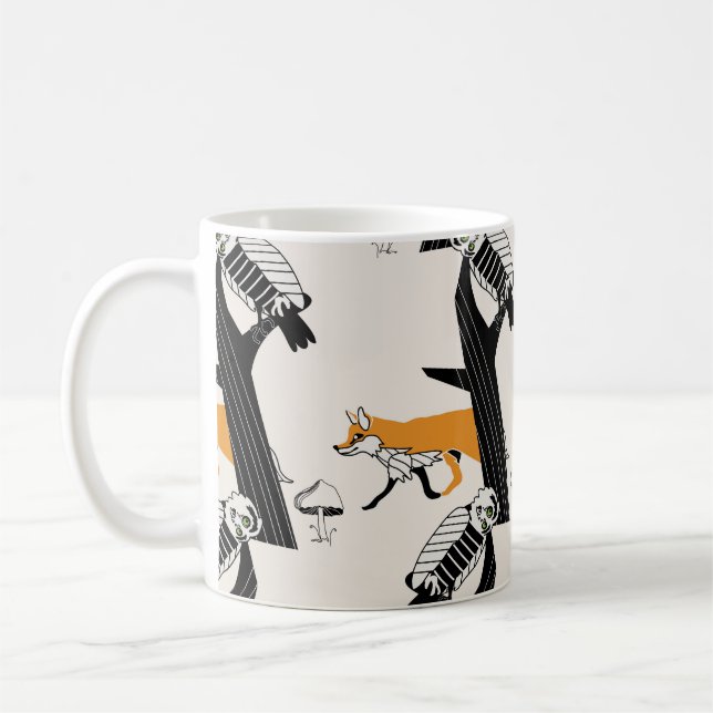 Fox, owl, tree, vintage seamless. coffee mug (Left)