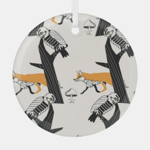 Fox, owl, tree, vintage seamless. glass ornament