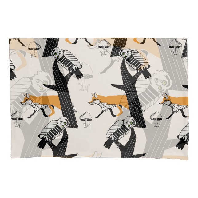 Fox, owl, tree, vintage seamless. pillow case (Front)