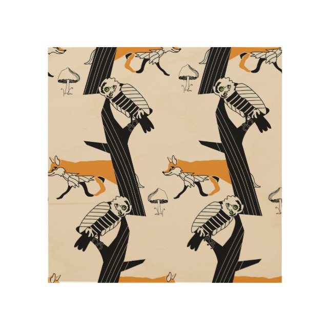 Fox, owl, tree, vintage seamless. wood wall art (Front)