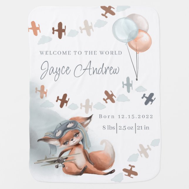 Fox Pilot Birth Stat Baby Blanket (Front)