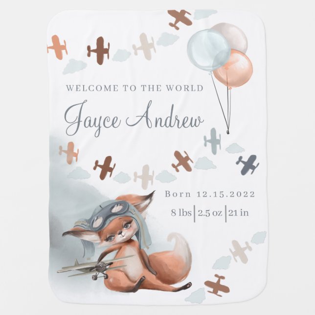 Fox Pilot Birth Stat Baby Blanket (Front)