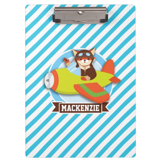 Fox Pilot in Green & Orange Airplane; Blue Stripes Clipboard (Front)