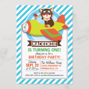 Fox Pilot in Green & Orange Airplane; Blue Stripes Invitation