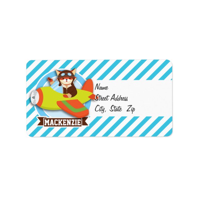 Fox Pilot in Green & Orange Airplane; Blue Stripes Label (Front)