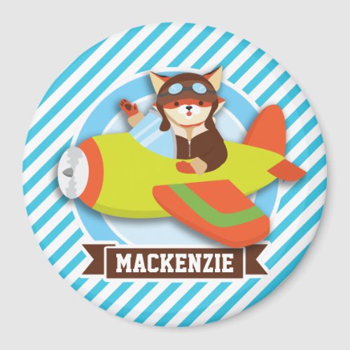 Fox Pilot in Green  Orange Airplane Blue Stripes Magnet