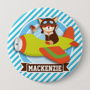 Fox Pilot in Green & Orange Airplane; Blue Stripes Pinback Button