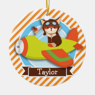 Fox Pilot in Green & Orange Airplane Ceramic Ornament