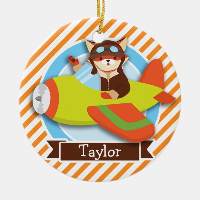 Fox Pilot in Green & Orange Airplane Ceramic Ornament (Front)