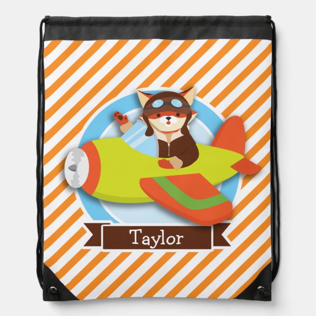 Fox Pilot in Green & Orange Airplane Drawstring Bag (Front)