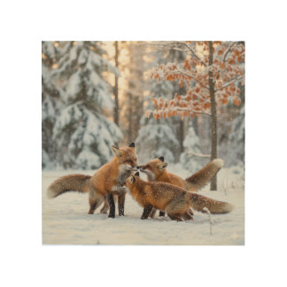 Fox playing in the snow winter scene - 8x8 wood wall art