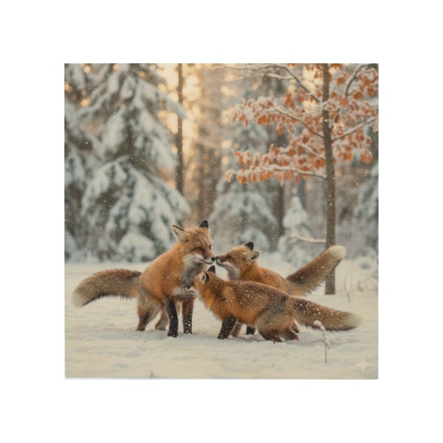 Fox playing in the snow winter scene - 8x8 wood wall art (Front)