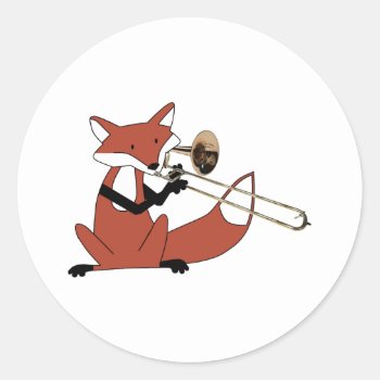 Fox Playing The Trombone Classic Round Sticker by wesleyowns at Zazzle