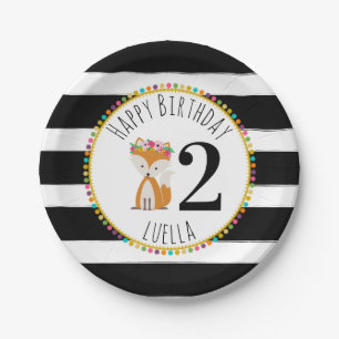 Fox Pompom Stripes Birthday Paper Plates
