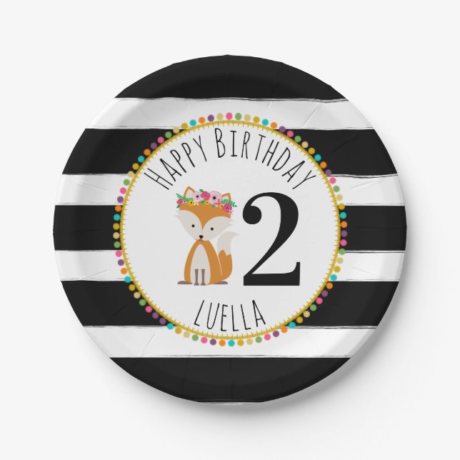 Fox Pompom Stripes Birthday Paper Plates (Front)