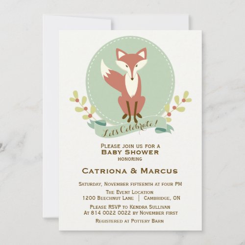 Fox Portrait Floral Baby Shower Invitation