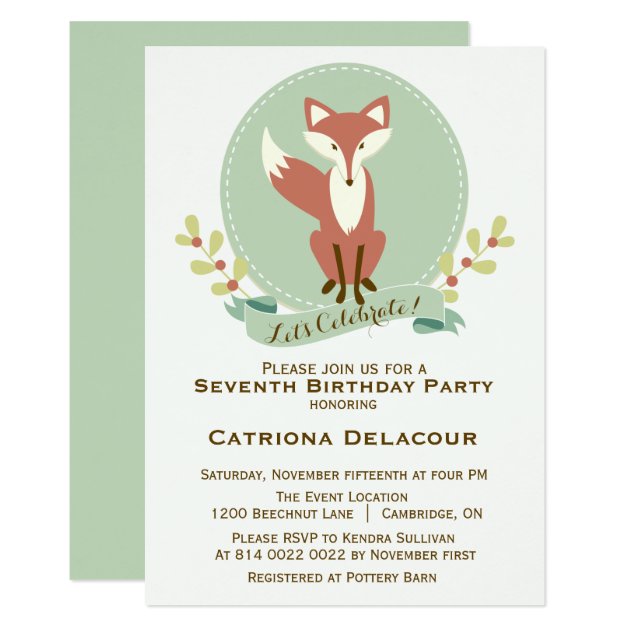 Fox Portrait Floral Kids Birthday Party Invitation