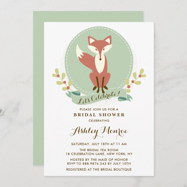 Fox Portrait Green Bridal Shower Invitation (Front/Back)