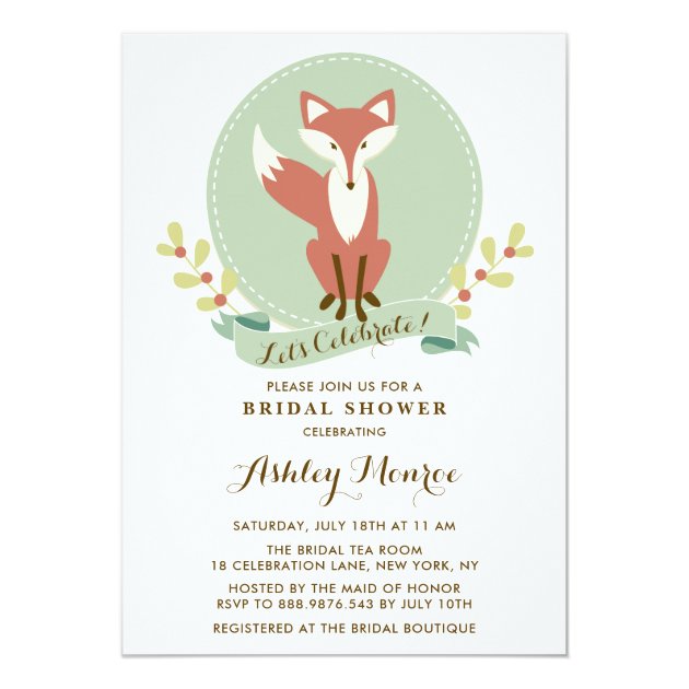 Fox Portrait Green Bridal Shower Invitation