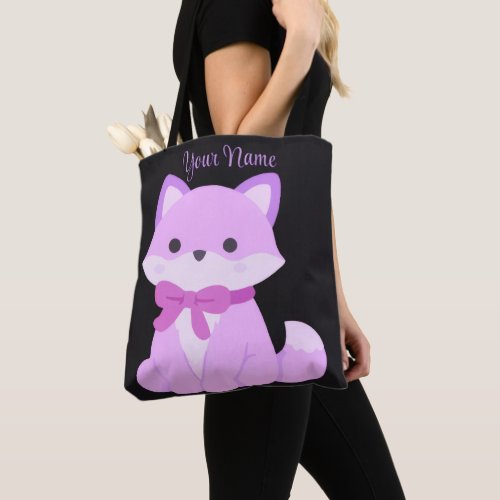 Fox Purple Bow Cute Kawaii Custom Black Tote Bag