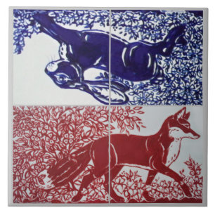 Fox, Rabbit Floral Navy Blue Red Drawing Ceramic Ceramic Tile