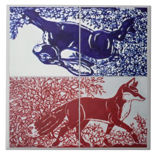 Fox Rabbit Floral Navy Blue Red Drawing Ceramic Ceramic Tile