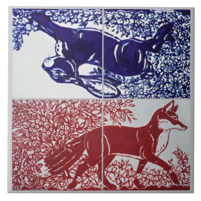 Fox, Rabbit Floral Navy Blue Red Drawing Ceramic Tile (Front)