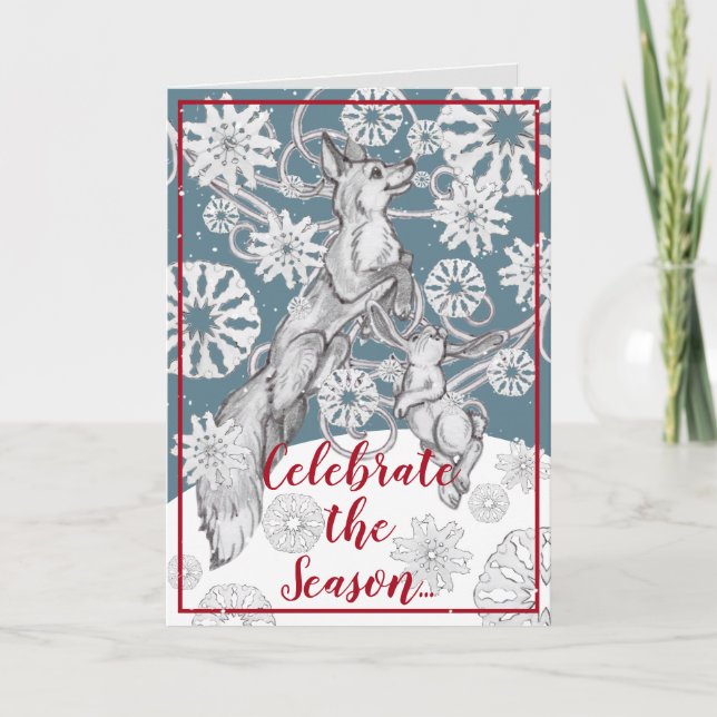 Fox & Rabbit Snowflakes Festive Blue Christmas Holiday Card (Front)