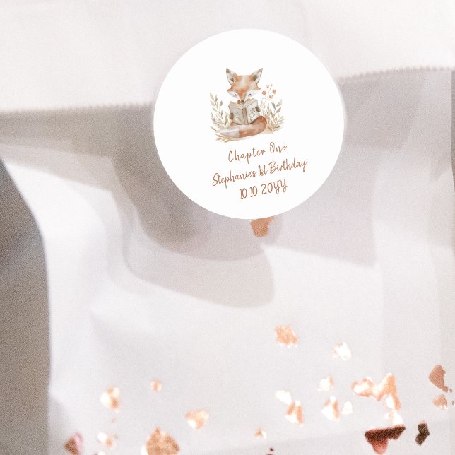 Fox Reading a Book Chapter One 1st Birthday Party  Classic Round Sticker (Creator Uploaded)