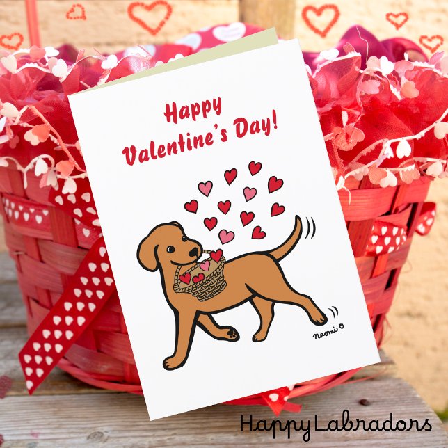 Fox Red Labrador Carrying Hearts Valentine Holiday Card (Fox Red Labrador Carrying Hearts Valentine Card for Labrador Owners.  Cute Cartoon Design.)
