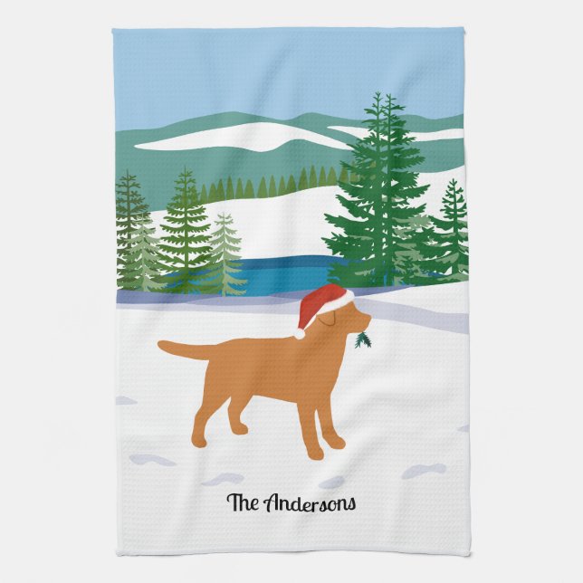 Fox Red Labrador Christmas Evergreen Santa Hat Kitchen Towel (Vertical)