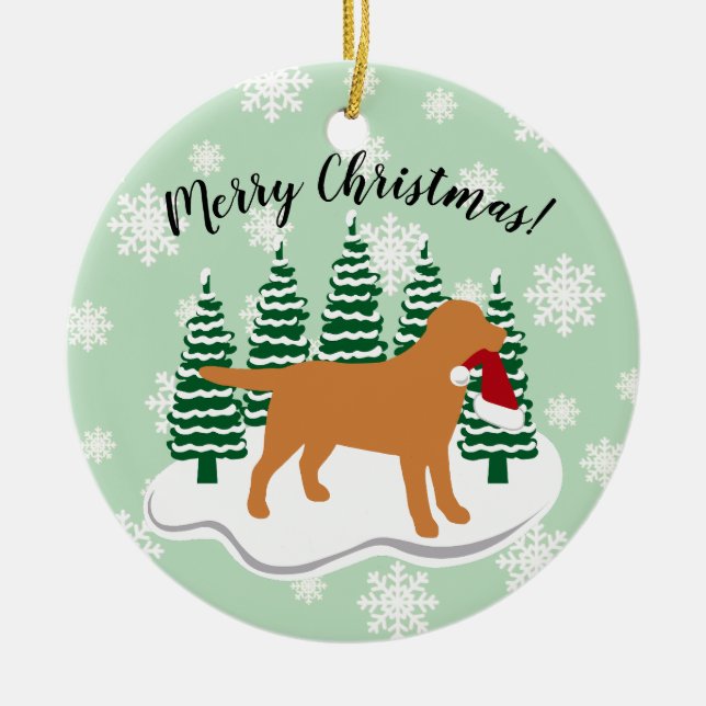 Fox Red Labrador Christmas Evergreen Snowflakes Ceramic Ornament (Front)