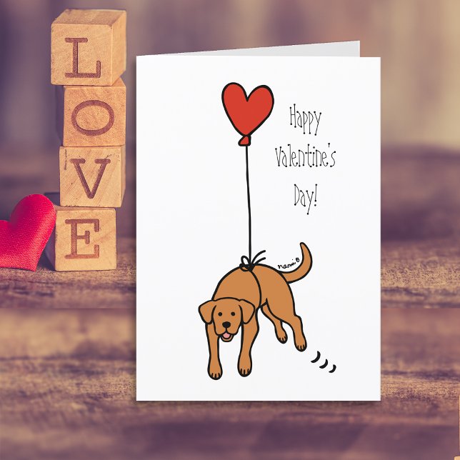Fox Red Labrador Heart Balloon Valentine Holiday Card (Fox Red Labrador Heart Balloon Valentine's Day Cards for Labrador Owners.  Cartoon Art Design.)