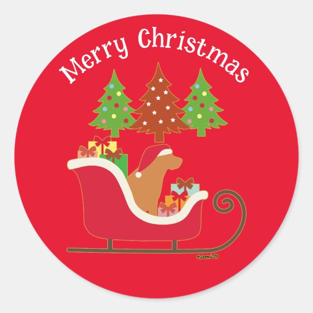 Fox Red Labrador Silhouette Christmas Sleigh Red Classic Round Sticker (Front)