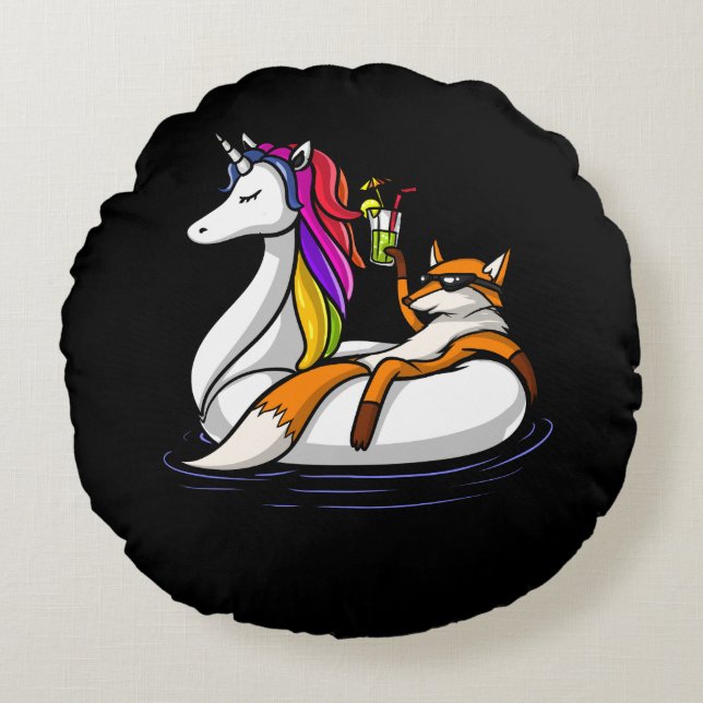 Fox Riding A Unicorn Float Animal Pool Party Round Pillow (Front)