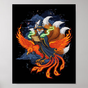 Fox Riding Phoenix Anime Ukiyo-e Mythology Japanes Poster