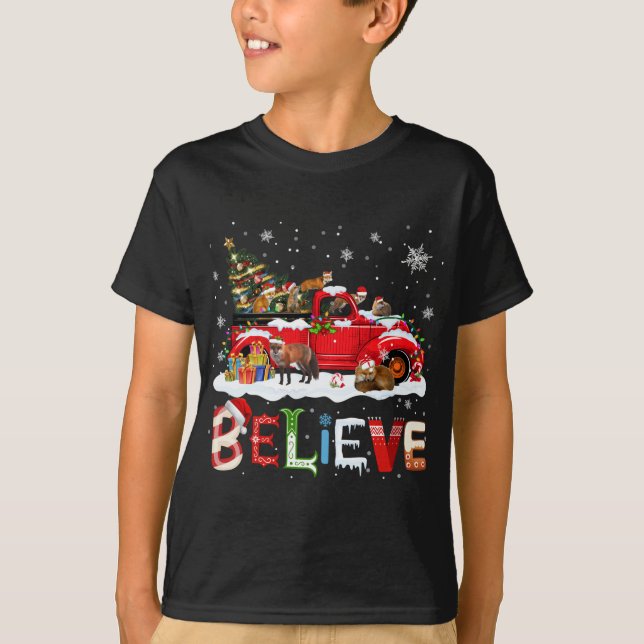 Fox Riding Red Truck Christmas Tree Believe Santa  T-Shirt (Front)