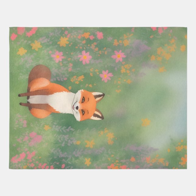 Fox Rug for Nursery - Cute Fox in Flower Field (Front)