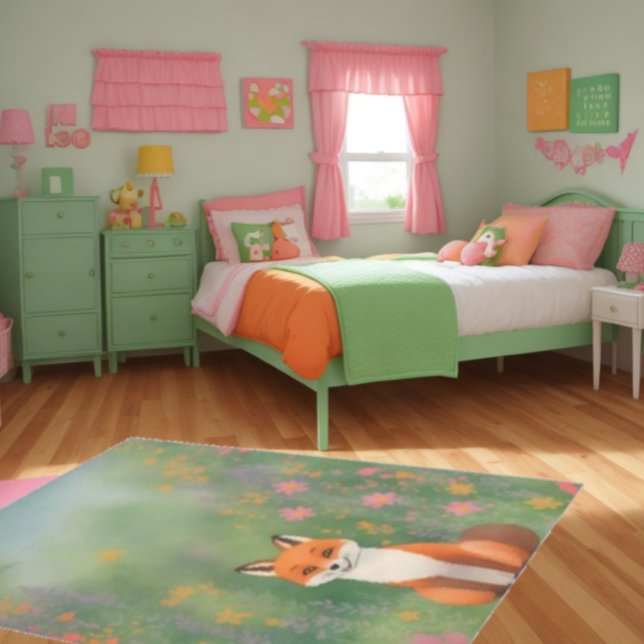 Fox Rug for Nursery - Cute Fox in Flower Field (Flower Fox Rug with Spring Flowers - Green area rug carpet)