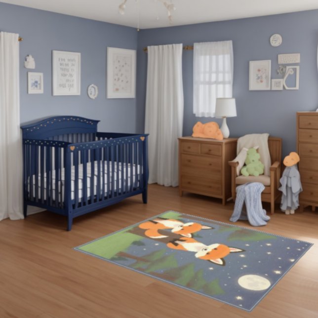 Fox Rug for Nursery - Cute Foxes at Night Carpet (Fox Rug for Nursery - Navy Dark Blue color baby or kids bedroom interior design.)