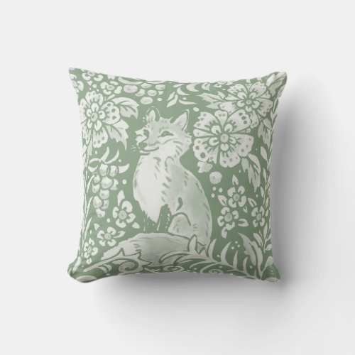 Fox Sage Green Animal Floral Woodland Whimsical Throw Pillow