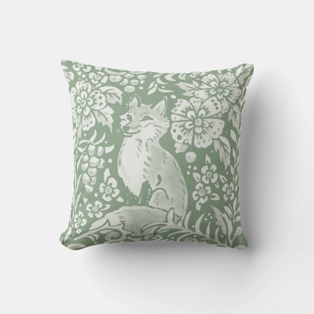Fox Sage Green Animal Floral Woodland Whimsical Throw Pillow (Front)