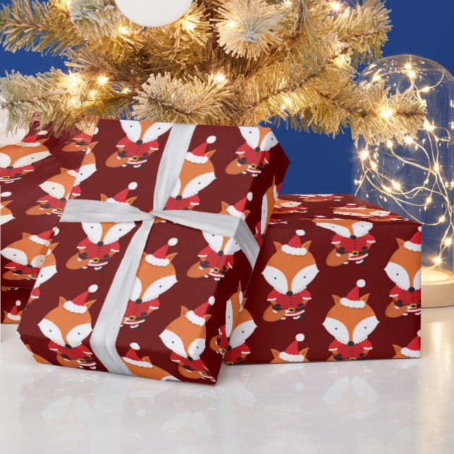 Fox Santa Hat Burgundy Animal Christmas Holiday Wrapping Paper (Holidays)