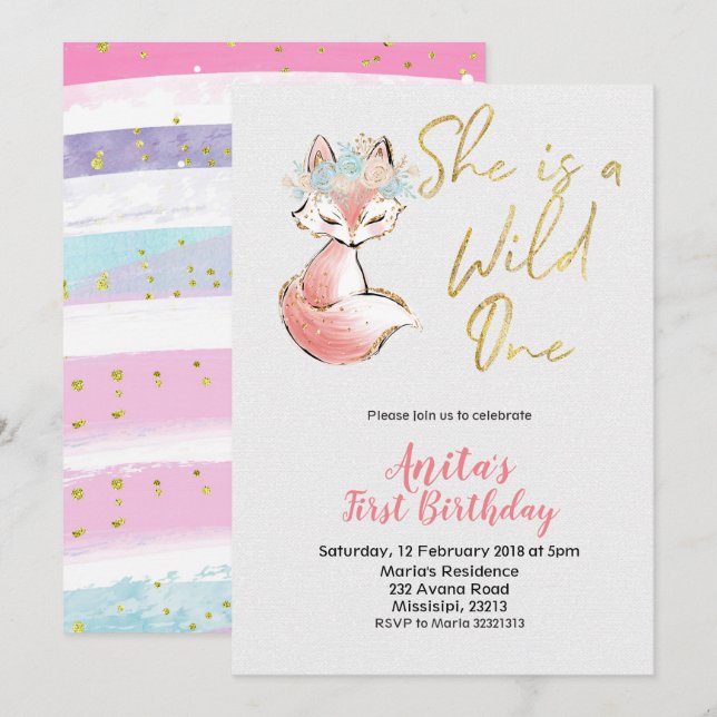 Fox She is a Wild One Birthday Invitation (Front/Back)